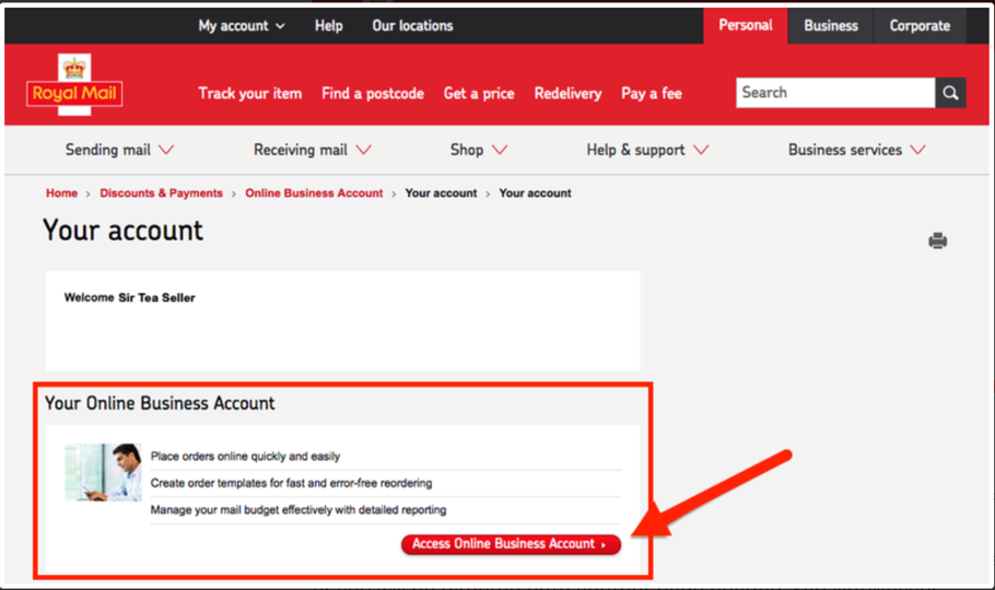 Royal Mail Online Business Account (OBA), Your Account screen. ­2nd Access OBA button highlighted.